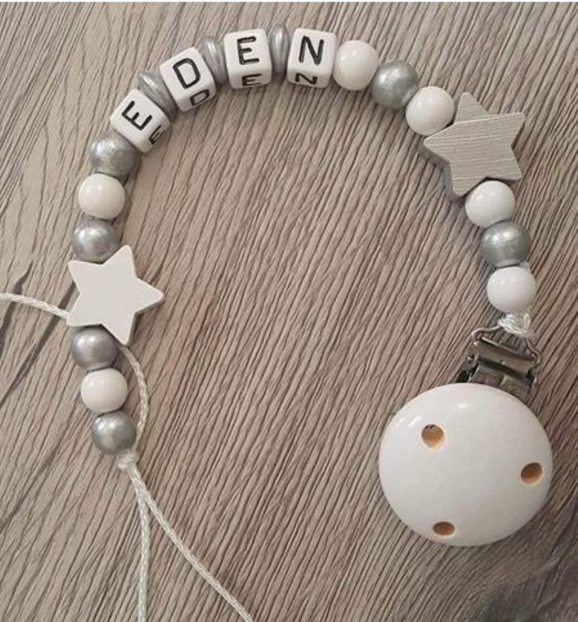 Attache tetine bois argent et blanc