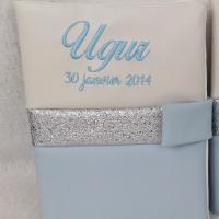 Carnet sante personnalise simili blanc bleu ciel argent