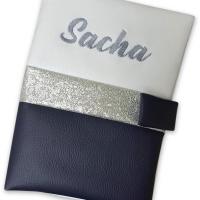 Carnet sante personnalise simili blanc bleu marine argent