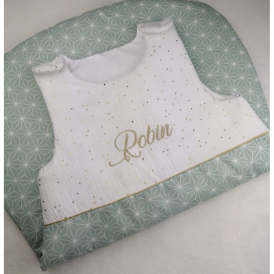 Gigoteuse bebe garcon vert d eau et double gaze pois or