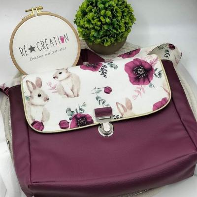 Cartable simili coton fille prune lapin