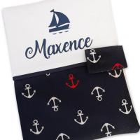 Protege carnet de sante coton ancre bleu marine blanc