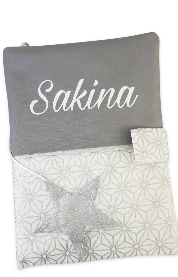 Protege carnet de sante coton gris etoile argent
