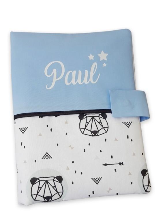 Protege carnet de sante coton panda origami bleu ciel