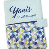 Protege carnet de sante coton vert d eau triangle anis