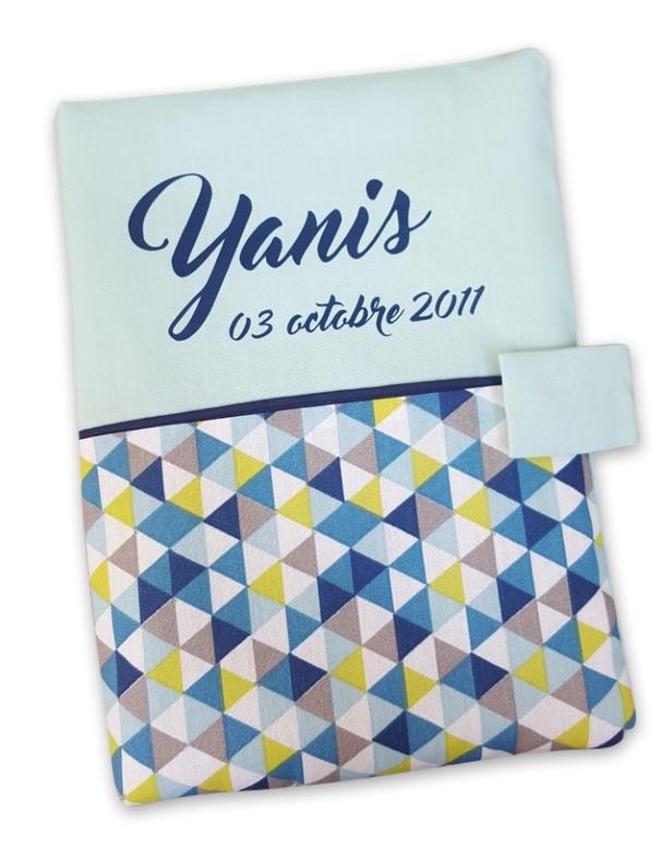 Protege carnet de sante coton vert d eau triangle anis