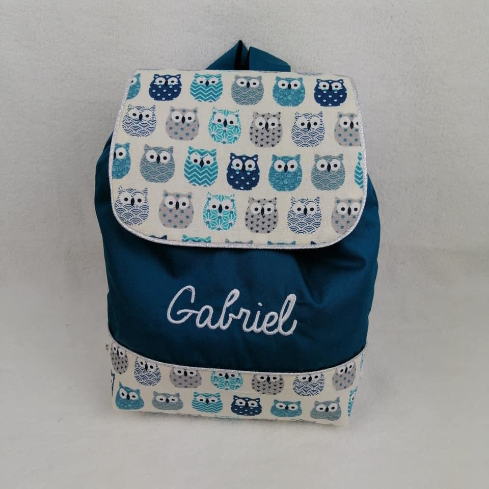 Sac a dos personnalise coton rabat chouette bleu canard