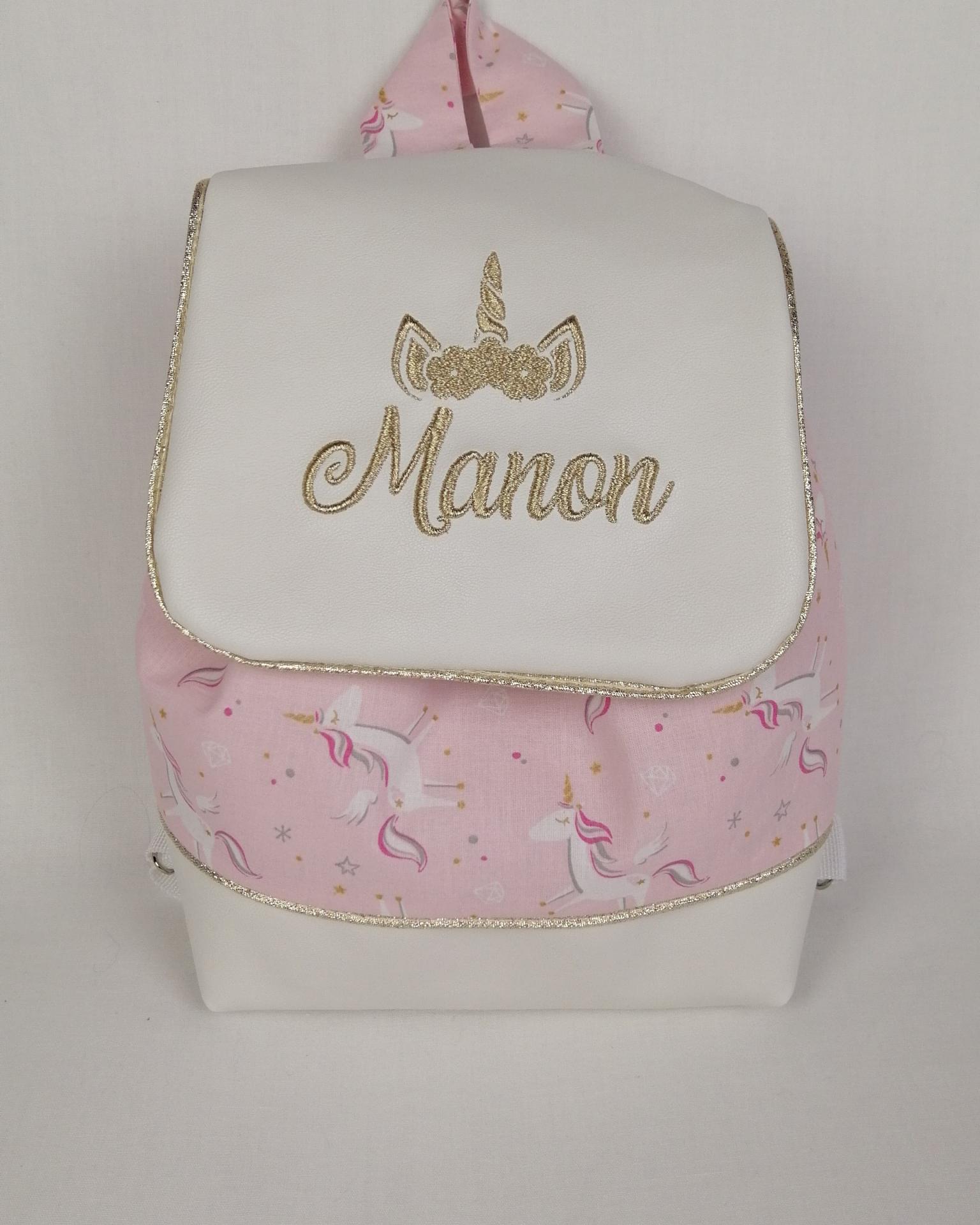 Sac a dos personnalise simili blanc licorne rose