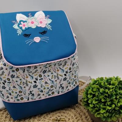 Sac à dos simili bleu canard liberty bleu canard rose motif chat