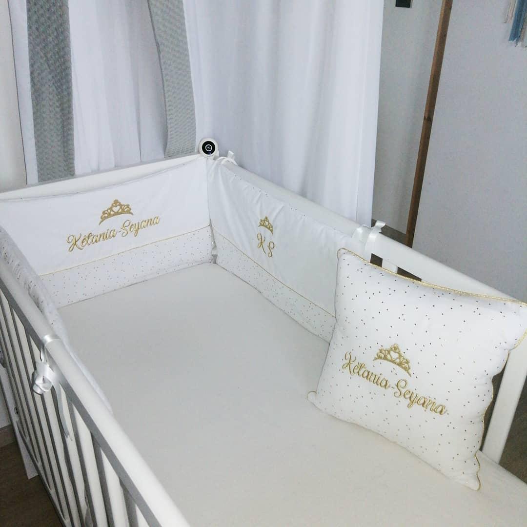 Tour de lit personnalise blanc double gaze or 2