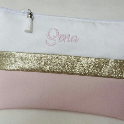 Trousse simili rose or blanc