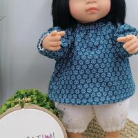 Vetement poupee blouse bloomer bleu canard double gaze blanc